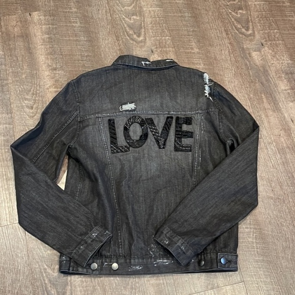Rachel Roy LOVE beaded distressed denim jacket black - Picture 6 of 6
